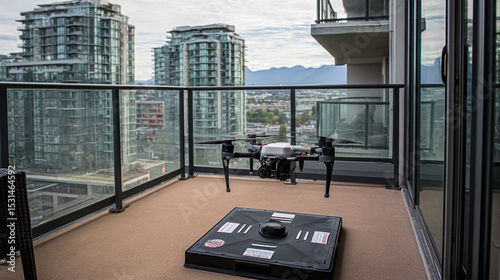 A black modern drone with a camera flies in the sky.