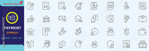Credit, Loans and Mortgages web icons in outline style. Credit card, deposit, car leasing, rate interest, calculator, income, rating, collection. Editable stroke outline icon