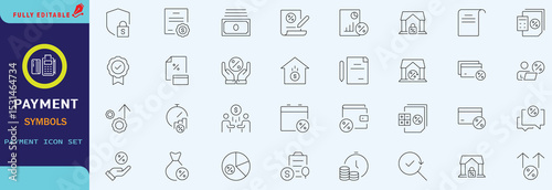 Credit, Loans and Mortgages web icons in outline style. Credit card, deposit, car leasing, rate interest, calculator, income, rating, collection. Editable stroke outline icon