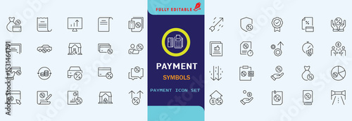 Credit, Loans and Mortgages web icons in outline style. Credit card, deposit, car leasing, rate interest, calculator, income, rating, collection. Editable stroke outline icon