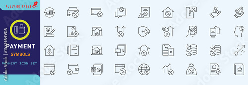 Credit, Loans and Mortgages web icons in outline style. Credit card, deposit, car leasing, rate interest, calculator, income, rating, collection. Editable stroke outline icon