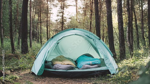 A yellow tent and a red sleeping bag in the forest at sunset.