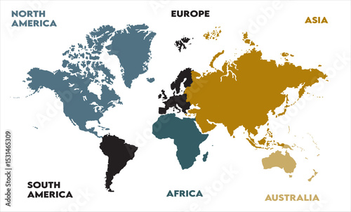 New modern world map, with names, Europe, Africa, Asia, Australia, North America, and South America world map graphic, Countries Silhouettes Stock Illustrations, Vectors
