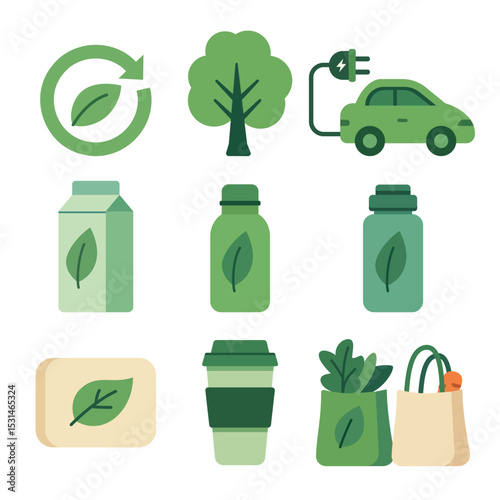 Eco lifestyle icons with electric car reusable bottles green packaging and sustainable shopping
