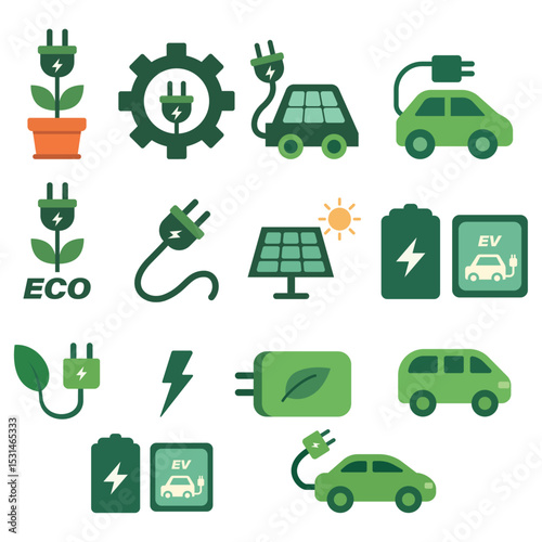 Electric vehicle icon set with plug battery solar panel and eco-friendly energy symbols