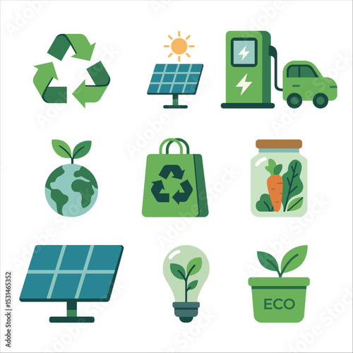 Eco icons set featuring renewable energy recycling green living sustainable environment and organic lifestyle