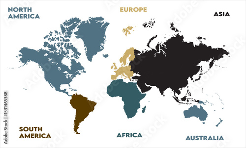 New modern world map, with names, Europe, Africa, Asia, Australia, North America, and South America world map graphic, Countries Silhouettes Stock Illustrations, Vectors