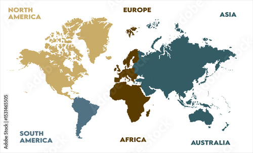 New modern world map, with names, Europe, Africa, Asia, Australia, North America, and South America world map graphic, Countries Silhouettes Stock Illustrations, Vectors