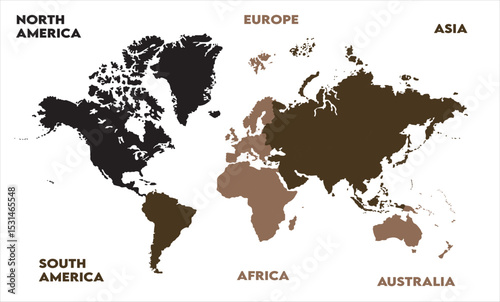 New modern world map, with names, Europe, Africa, Asia, Australia, North America, and South America world map graphic, Countries Silhouettes Stock Illustrations, Vectors