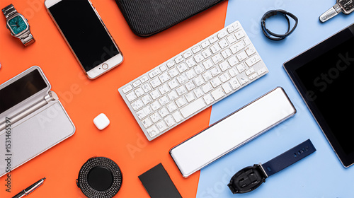 Collection of electronic gadgets and office supplies - flat lay.