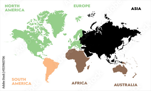 New modern world map, with names, Europe, Africa, Asia, Australia, North America, and South America world map graphic, Countries Silhouettes Stock Illustrations, Vectors