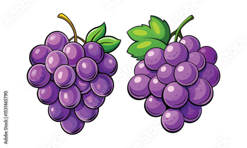 Sweet Purple Cartoon Grapes - Fresh Fruit Bunch Illustration with Green Leaves