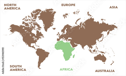 New modern world map, with names, Europe, Africa, Asia, Australia, North America, and South America world map graphic, Countries Silhouettes Stock Illustrations, Vectors