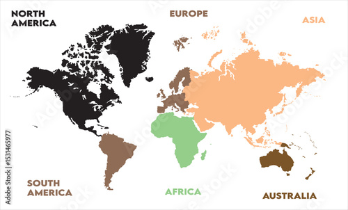 New modern world map, with names, Europe, Africa, Asia, Australia, North America, and South America world map graphic, Countries Silhouettes Stock Illustrations, Vectors
