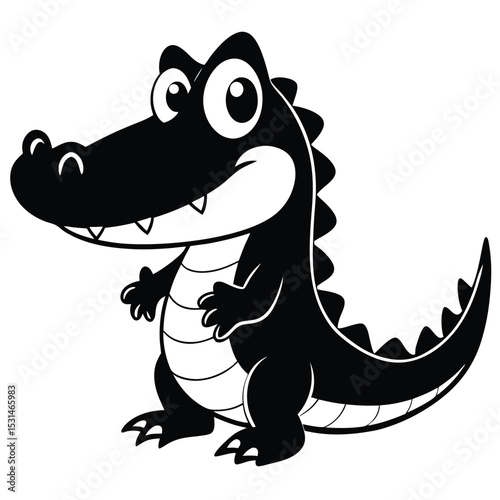 A cute black and white cartoon alligator stands smiling with his teeth showing