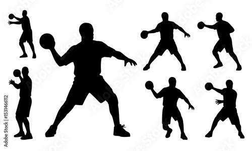 Set Bundle action-oriented handball player silhouettes illustrating various throwing poses ideal for sports graphics and handball designs