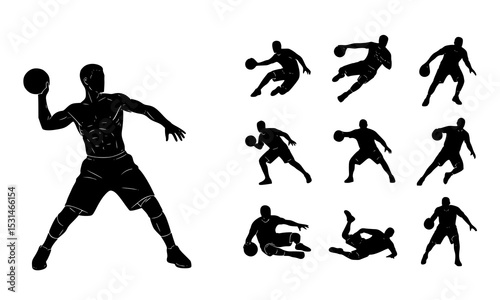 Set Bundle vibrant handball player silhouettes illustrating various action poses perfect for sports graphics and handball artwork