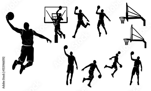 Set Bundle energetic basketball player silhouettes illustrating various dunking and shooting actions ideal for sports graphics and designs