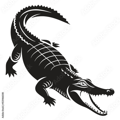 A fierce black crocodile with sharp teeth opens its mouth widely and shows its aggression