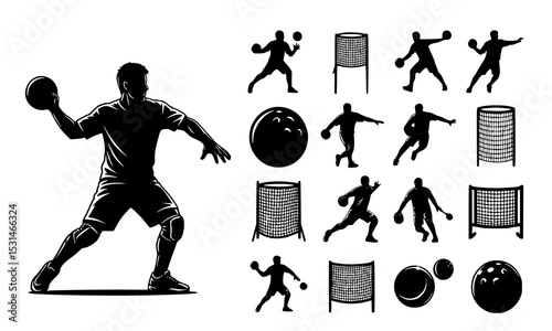 Set Bundle dynamic handball player silhouettes featuring various actions and equipment ideal for sports graphics and handball projects