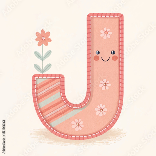 Happy letter J with flowers and smiling face on a soft pink background for educational design