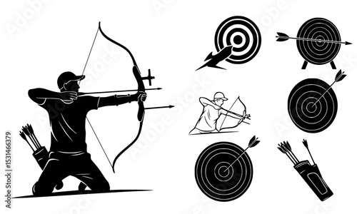 Set Bundle dynamic archery silhouettes featuring an archer and target designs ideal for sports graphics and archery themes