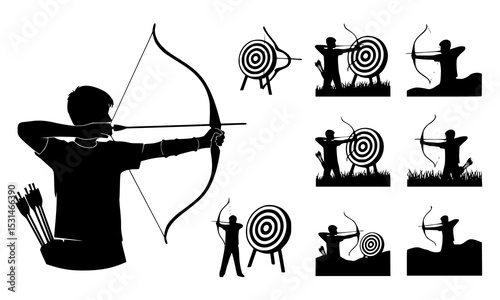 Set Bundle versatile archery silhouettes depicting various poses and target practices ideal for sports graphics and archery enthusiasts