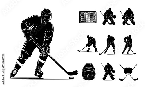 Set Bundle hockey player silhouettes including diverse poses and equipment designed for sports graphics and ice hockey enthusiasts