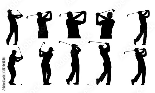 Set Bundle collection of golf swing silhouettes illustrating various techniques perfect for sports design and golf enthusiast projects