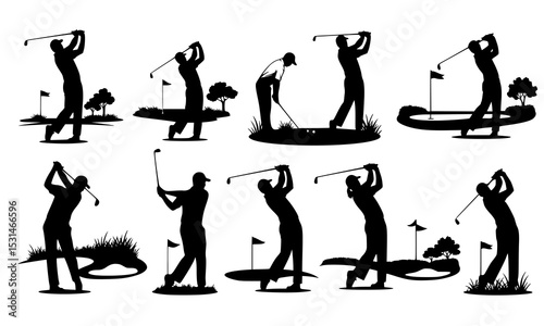 Set Bundle dynamic golf swing silhouettes featuring various techniques and styles ideal for sports graphics and golf-related projects
