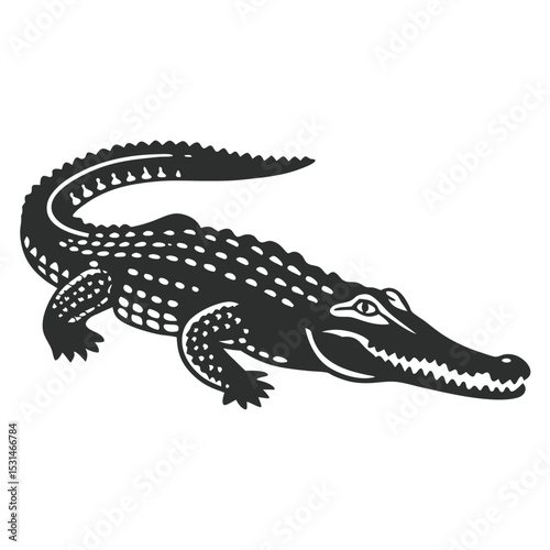 A formidable crocodile illustration in solid dark gray presents sharp teeth and textured skin