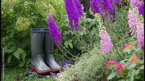 Rainboots in front of a tent on a campingside near lake in Sweden, summertime.