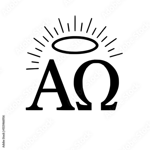 Alpha and Omega Symbol with Halo – Christian Icon in Black and White
