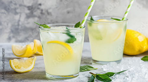 Glass of fresh lemonade with mint on wooden table outdoors.