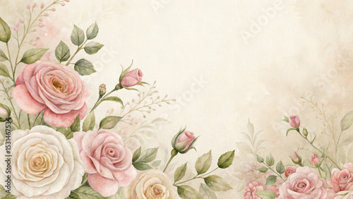 Soft Beige Pastel Background with Roses at the Bottom


