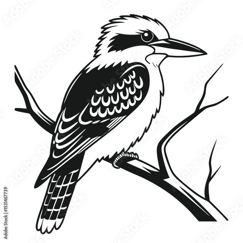 A solitary kookaburra sits gracefully on a leafless branch, its plumage boldly monochrome