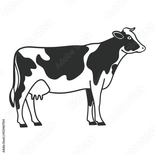 A stylized black and white cow is standing isolated against a plain background