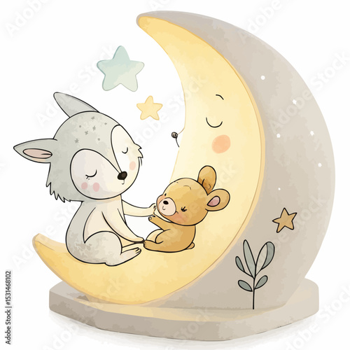 A friendly wolf and bear sitting together on a crescent moon nightlight against a plain background