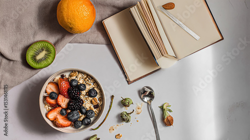 Young woman with healthy food making meal plan on wooden table, top view. Diet concept.