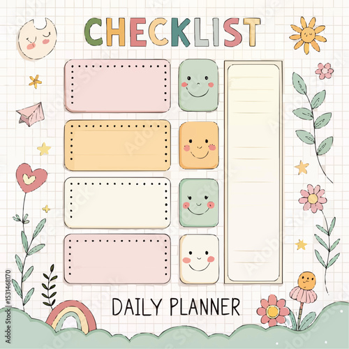 Child-friendly daily planner checklist with cute cartoons in pastel colors for organization and scheduling