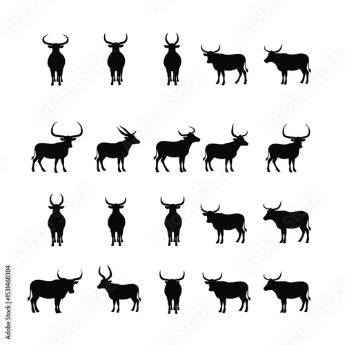 Collection of bull silhouettes various breeds farm animals