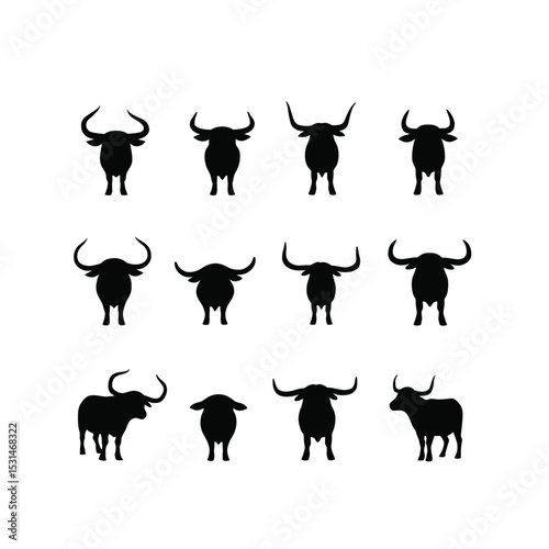 Twelve bull silhouettes different poses farm animal set