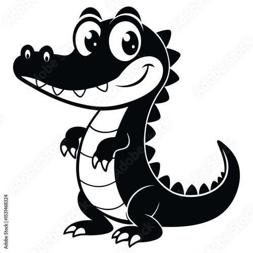 Adorable cartoon crocodile is standing upright and smiling, featuring a clean black and white vector
