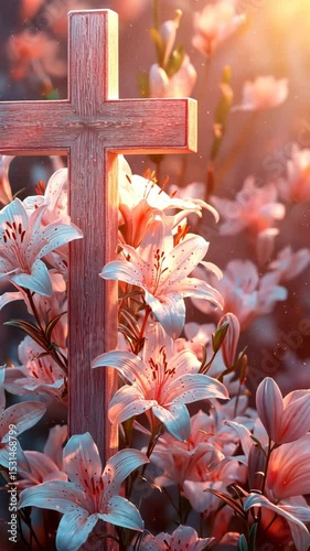 Wooden Cross with Lilies at Sunrise
