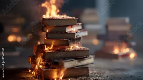 Burning stack of books in 4k. photo