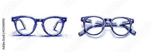 Reading glasses collage of vintage sketch done in blue ink on a white background, ideal for educational or informational content