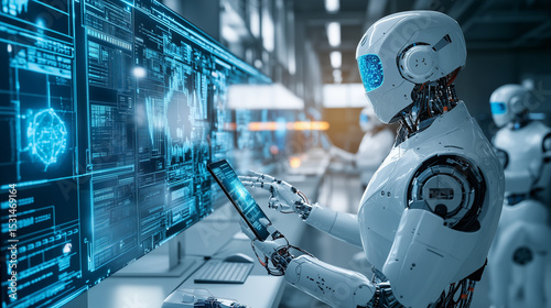 Humans and AI Robots Collaborating in Ultra-Detailed Futuristic High-Tech Laboratory with Holographic Screens.
