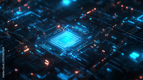 Glowing Blue Circuit Board Pattern on Dark Minimalist Background