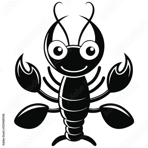 Animated cartoon lobster looks directly ahead with simple black and white design