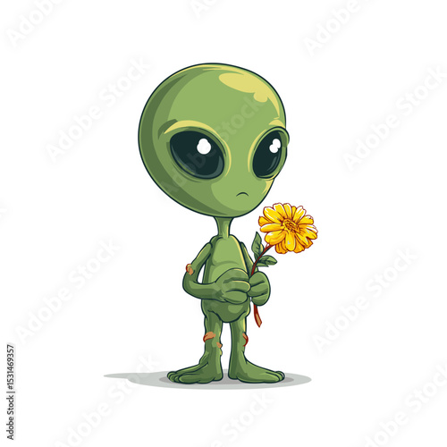 Cartoon green alien character holding yellow flower, vector illustration

